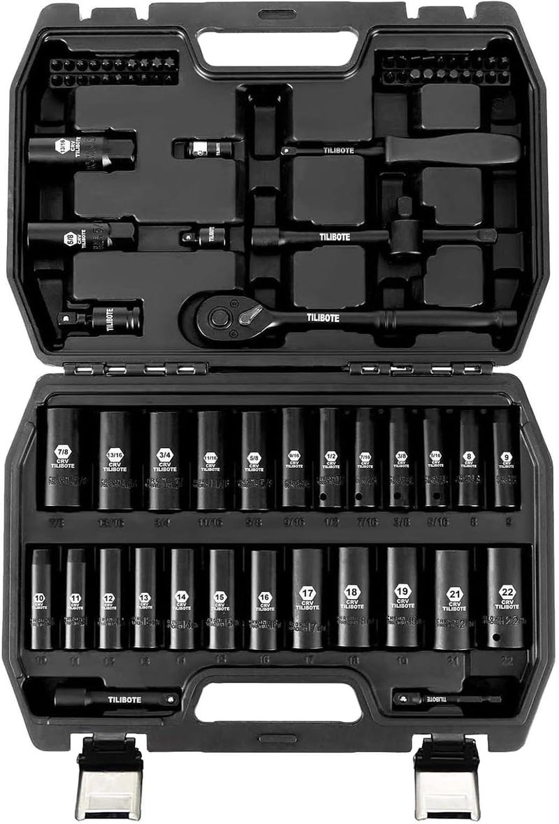 TILIBOTE 3/8“ Impact Socket Set, 74-Piece Drive 6-Point Deep Socket Wrench Set with 72-Tooth Ratchet, Standard SAE 5/16” - 7/8" & Metric 8mm - 22mm, Set for Home Use and Automotive Repair. - Image 1